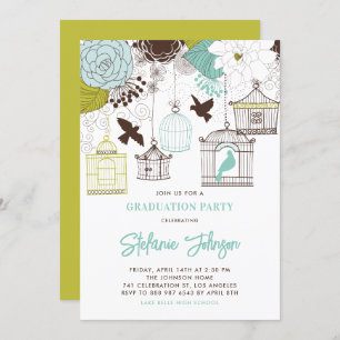 Blue Whimsical Birdcages Graduation Invitation