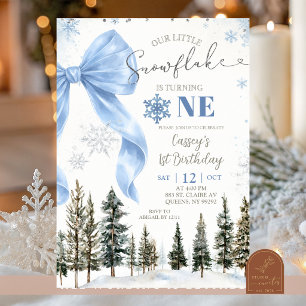 Blue Whimsical Bow Snowflake Birthday Invitation