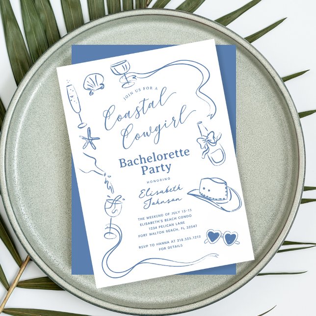Blue Whimsical Coastal Cowgirl Bachelorette Party Invitation (Creator Uploaded)