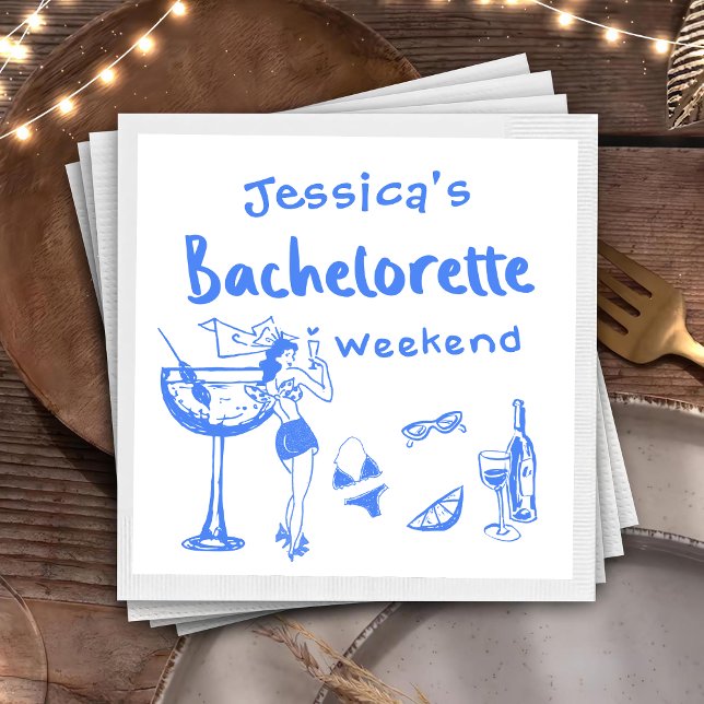 Blue Whimsical Cocktail Bachelorette Party Napkin (Creator Uploaded)