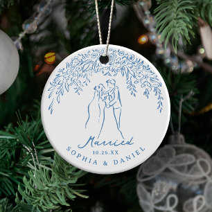 Blue Whimsical Couple Our First Christmas Married Ceramic Ornament