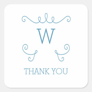 Blue Whimsical Flourish Monogram Thank You Square Sticker