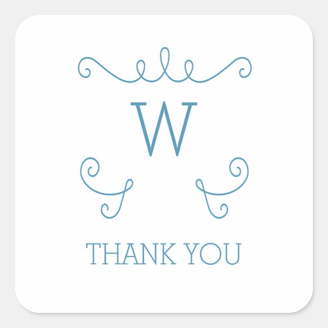 Blue Whimsical Flourish Monogram Thank You Square Sticker (Front)