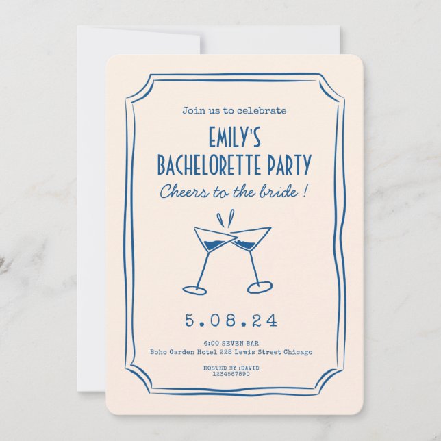 Blue Whimsical Funky Bachelorette Party Invitation (Front)