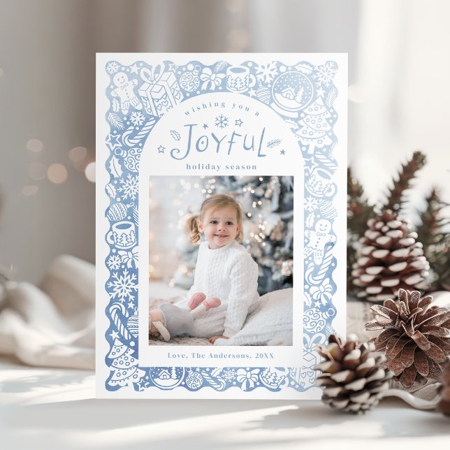 Blue Whimsical Hand Drawn Joyful Holiday Photo (Blue Whimsical Hand Drawn Joyful Holiday Photo)