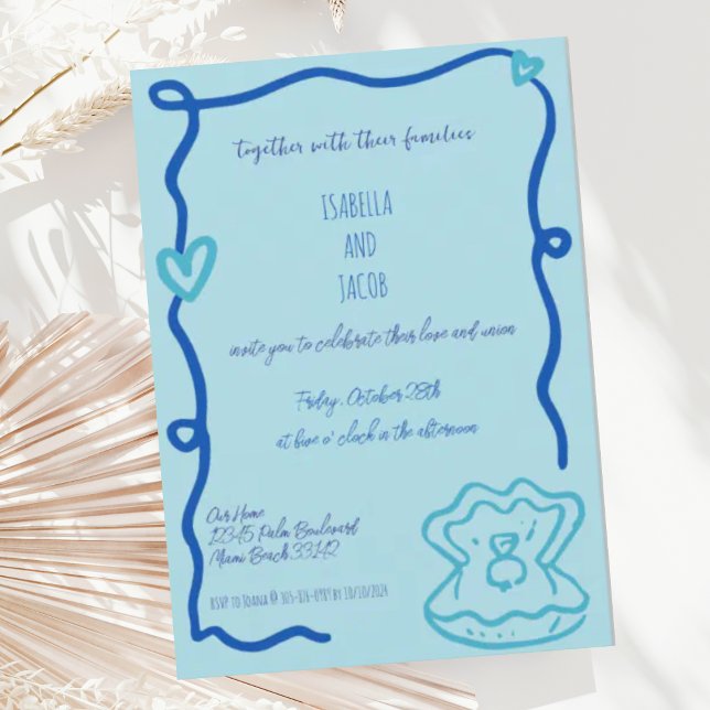 Blue Whimsical Hand Drawn Quirky Wavy Wedding Invitation (Creator Uploaded)