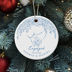 Blue Whimsical Hands Our First Christmas Engaged Ceramic Ornament