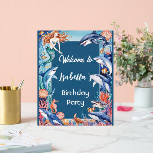 Blue whimsical mermaid whale fish shark birthday acrylic sign