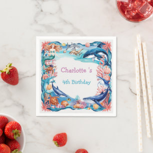 Blue whimsical mermaid whale fish shark birthday  napkin