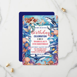 Blue whimsical mermaid whale fish shark birthday save the date