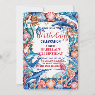 Blue whimsical mermaid whale fish shark birthday save the date