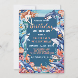 Blue whimsical mermaid whale turtle shark birthday save the date