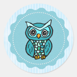 Blue Whimsical Owl Classic Round Sticker