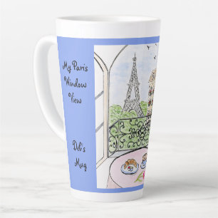 Blue Whimsical Paris Window Eiffel Tower NAME Latte Mug