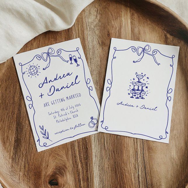 Blue Whimsical Quirky Hand drawn Wedding Invitation (Creator Uploaded)
