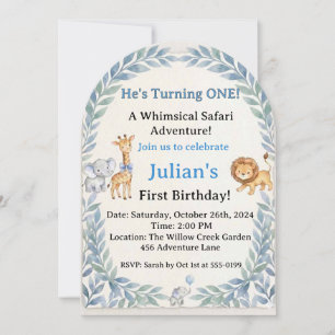 Blue Whimsical Safari Animals Boy 1st Birthday 2 Invitation