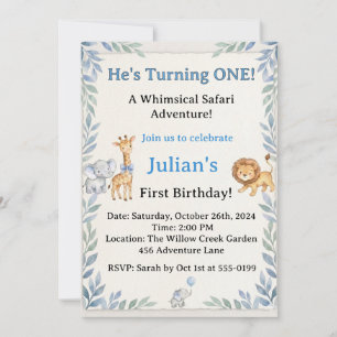 Blue Whimsical Safari Animals Boy 1st Birthday Invitation