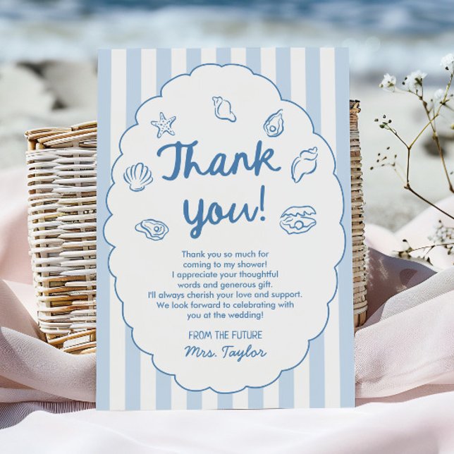 Blue Whimsical Seashell Coastal Bridal Shower Thank You Card (Creator Uploaded)