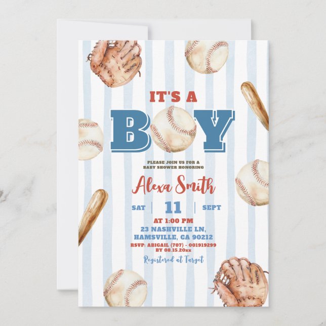 Blue Whimsical Stripe Boy Baseball Baby Shower Invitation (Front)