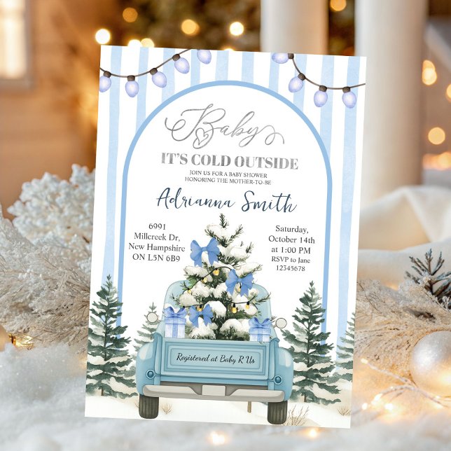 Blue Whimsical Stripes Cold Outside Baby Shower Invitation (Creator Uploaded)