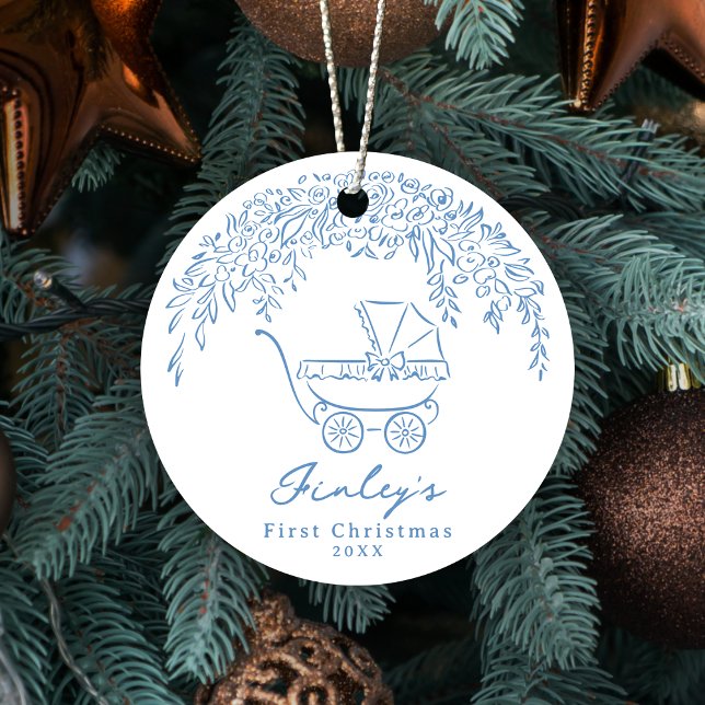 Blue Whimsical Stroller Baby's First Christmas Ceramic Ornament (Blue Whimsical Stroller Baby's First Christmas Ceramic Ornament)