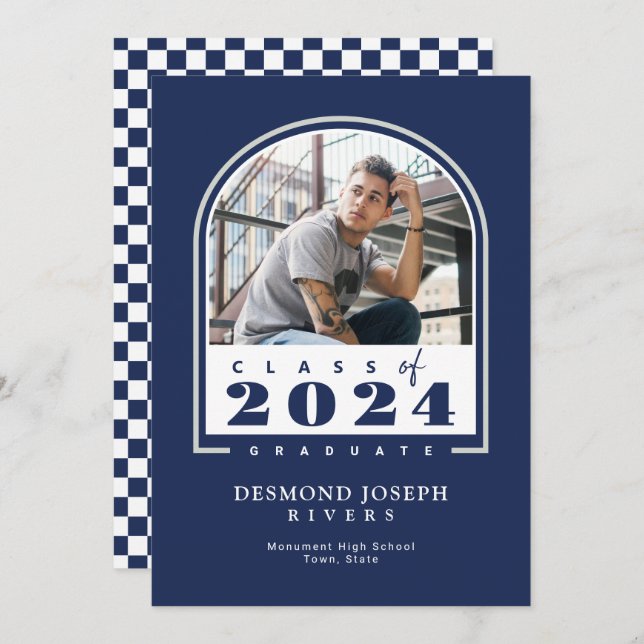 Blue White 2024 Modern Arch Photo Graduation Announcement (Front/Back)