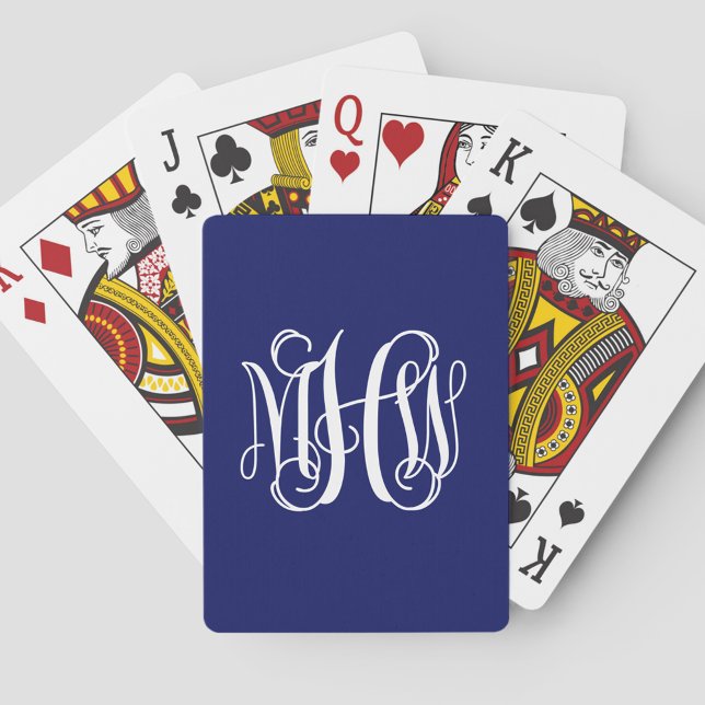 Blue White 3 Initials Vine Script Monogram DIY BG Playing Cards (Creator Uploaded)