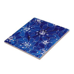 Blue White Abstract Floral Flower Flowers Ceramic Tile