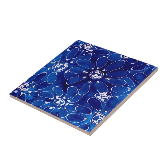 Blue White Abstract Floral Flower Flowers  Ceramic Tile (Side)