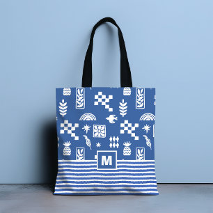 Blue White Abstract Geometric Bird Floral Monogram Tote Bag