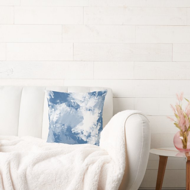 Blue White Abstract Modern Brushstrokes Cushion (Couch)