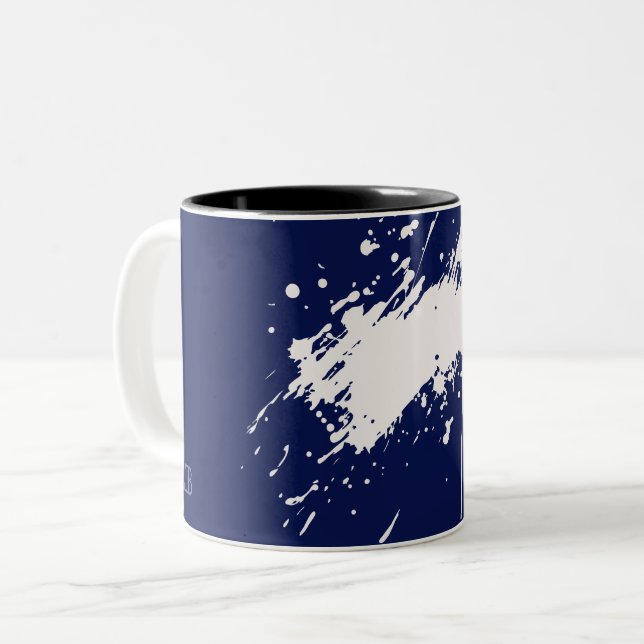blue & white abstract monogram name initials Two-Tone coffee mug (Front Left)
