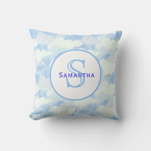 Blue & White Abstract Textured Clouds Mongram Cushion