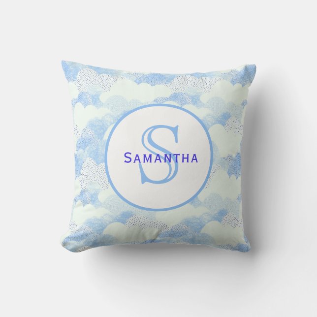 Blue & White Abstract Textured Clouds Mongram Cushion (Front)