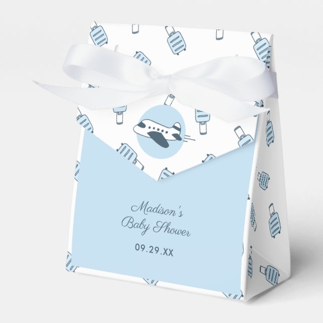 Blue White Aeroplane + Luggage Pattern Baby Shower Favour Box (Front Side)