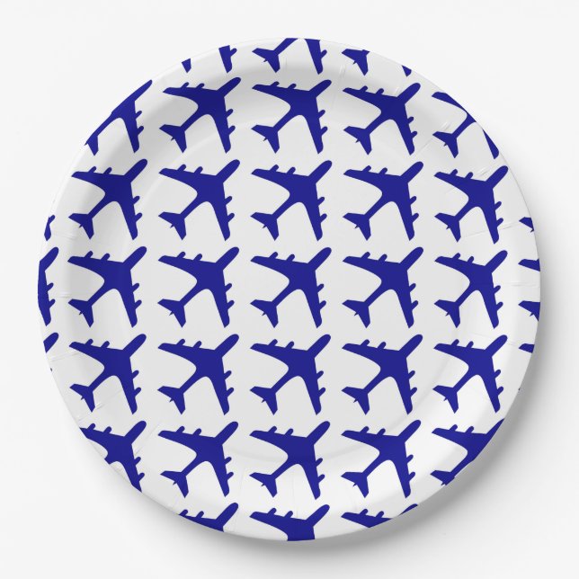Blue white aeroplane pattern paper plates (Front)
