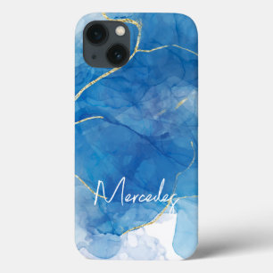 Blue & White Agate Marble Abstract Name Monogram iPhone 13 Case