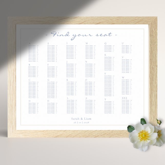 Blue & White Alphabet Wedding Seat Chart Poster  (Creator Uploaded)