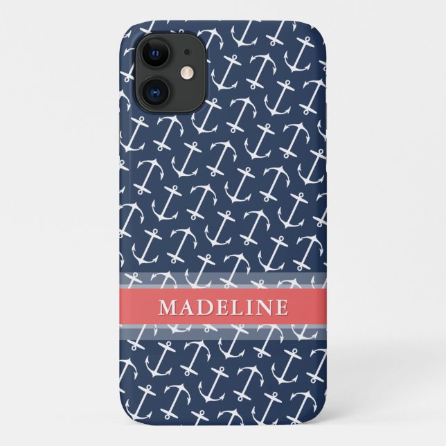 Blue White Anchor Pattern Coral Name Case-Mate iPhone Case (Back)
