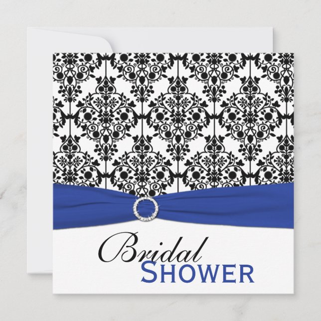Blue, White, and Black Damask Bridal Shower Invite (Front)
