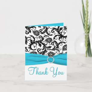 Blue, White, and Black Damask Thank You Note Card