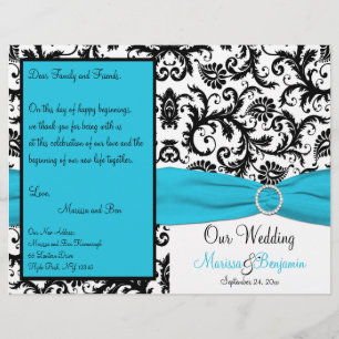 Blue, White, and Black Damask Wedding Program