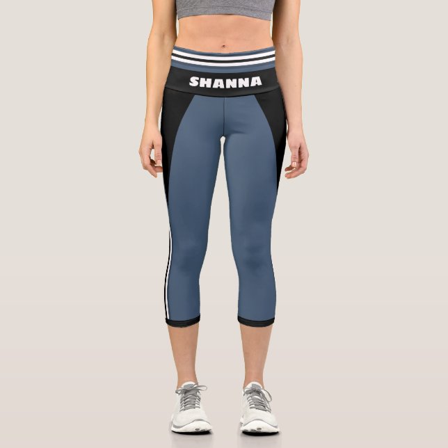 Blue White and Black Racing Stripe Name Template Capri Leggings (Front)