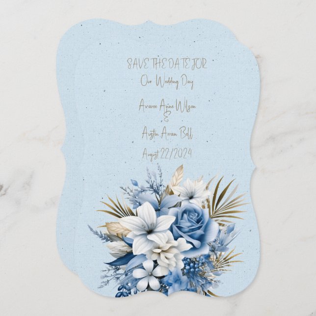 Blue White and Brown Floral Wedding Bouquet Save The Date (Front/Back)