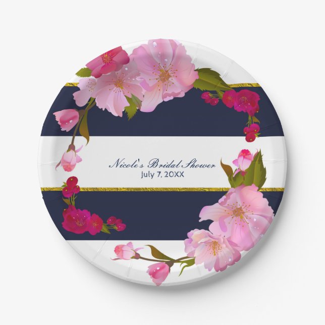 Blue White and Gold Modern Floral Chic Glam Party Paper Plate (Front)