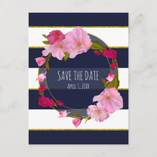 Blue White and Gold Modern Floral Save The Date Announcement Postcard