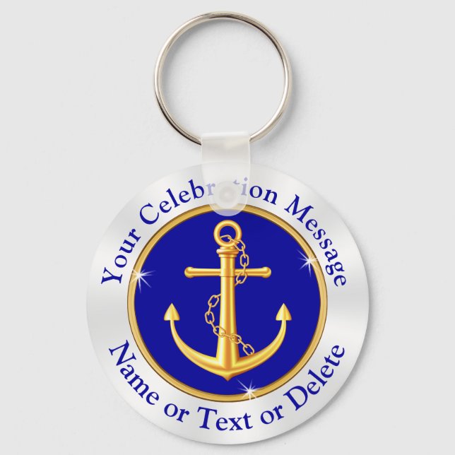 Blue, White and Gold Personalised Anchor Keychains (Front)