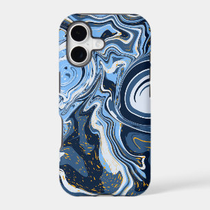 Blue, White and Gold Swirls Fluid Art