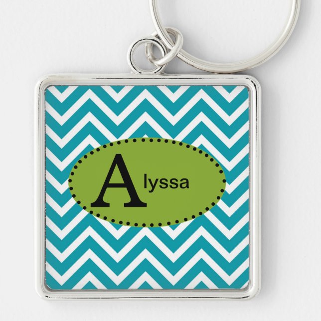 Blue White and Green Chevron Personalised Keychain (Front)