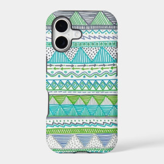 Blue, White, and Green Drawn Tribal Print